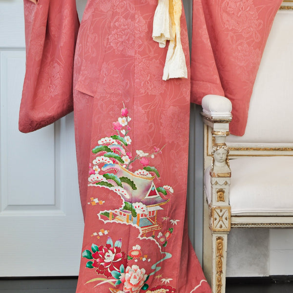 Peony and Chrysanthemum Pattern Rinzu Silk Antique Kimono with Katabami  Kamon