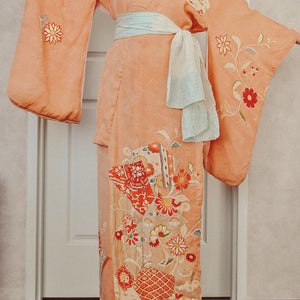 Sunset coral Antique Rinzu Silk Damask Vintage Kimono