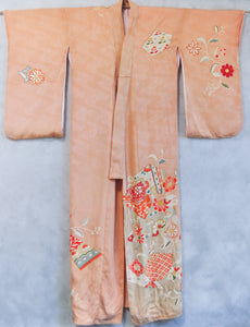 Sunset coral Antique Rinzu Silk Damask Vintage Kimono