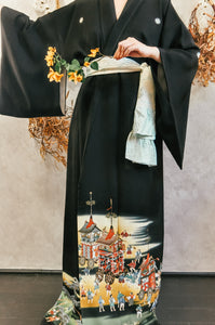 Kyoto Gion Matsuri Theme Maruni Mokko Kamon Vintage Tomesode Kimono
