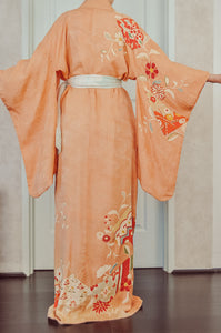 Sunset coral Antique Rinzu Silk Damask Vintage Kimono